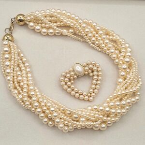 Chunky Multi Strand Faux Pearl Necklace & Heart Brooch Set Cream Gold Tone Stmt